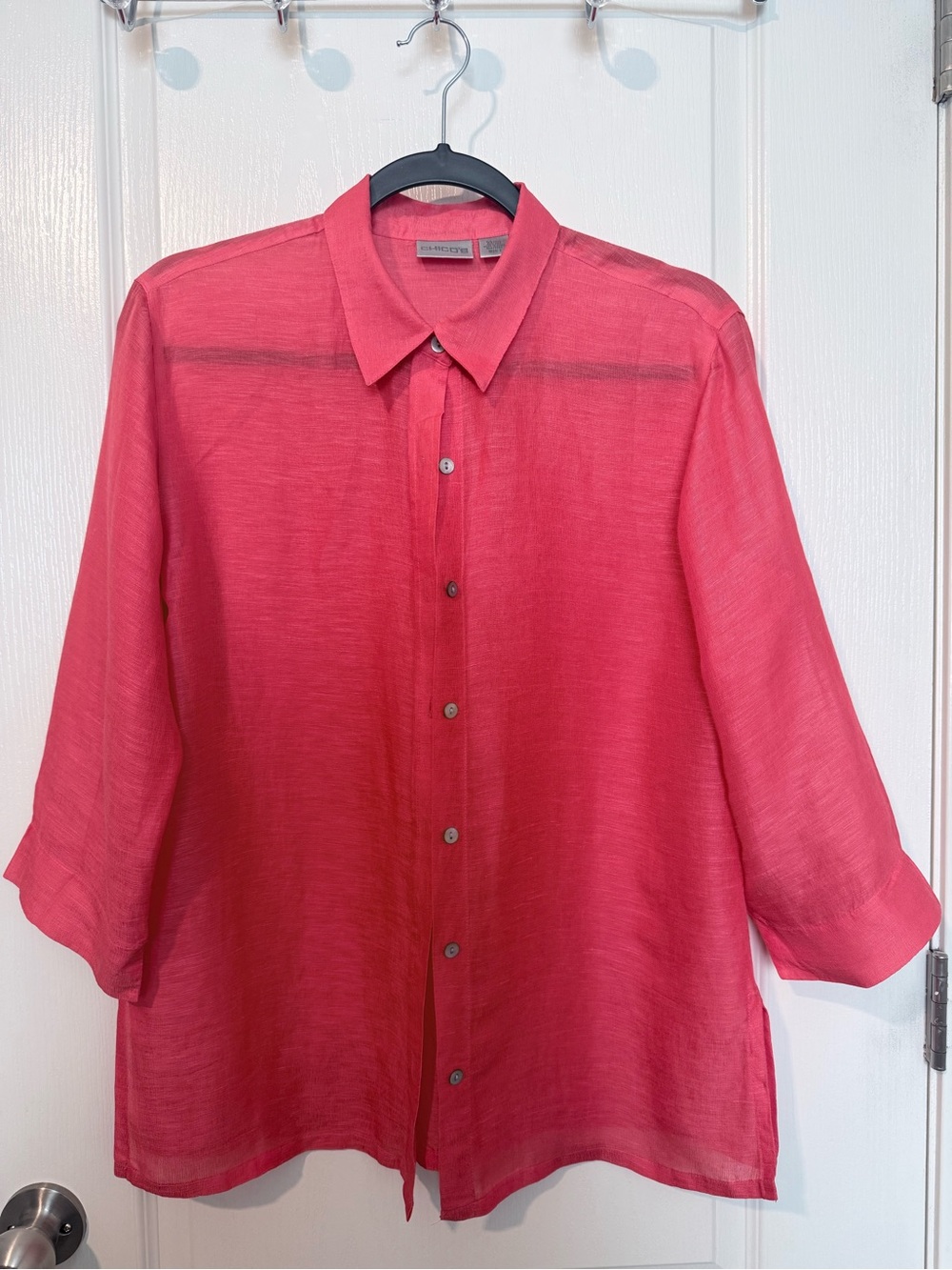 Chicos Linen Silk Blend Coral Button Down Blouse Size Medium